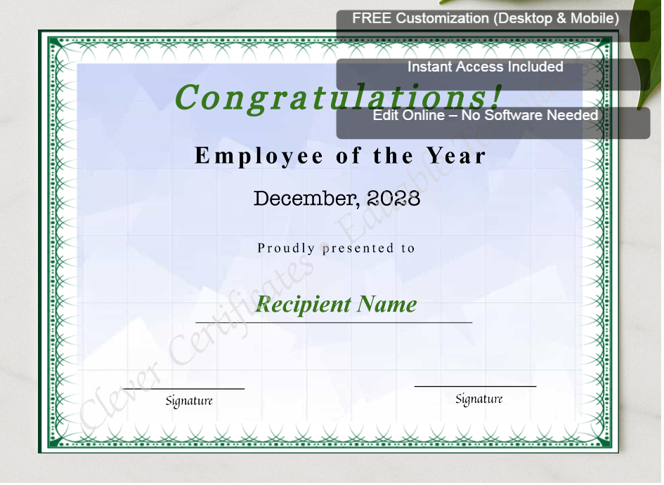 Framed preview featuring Free Editor badge stack for Editable Certificate Of Employee Of The Year