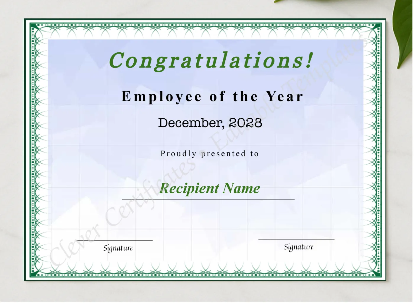 Editable Certificate Of Employee Of The Year presented in a sleek wooden frame, elegantly arranged on a stylish table.