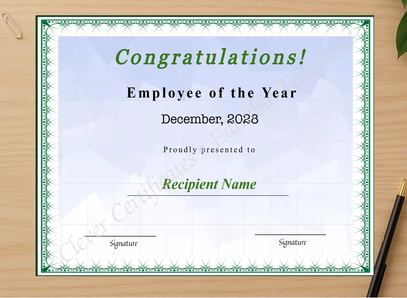 Professional preview of Editable Certificate Of Employee Of The Year certificate on high-quality stationery paper, ideal for showcasing the final look.