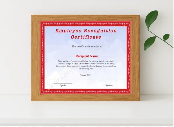 Realistic mockup featuring Customizeable Employee Recognition Certificate displayed within a modern frame, set against a minimalistic background.