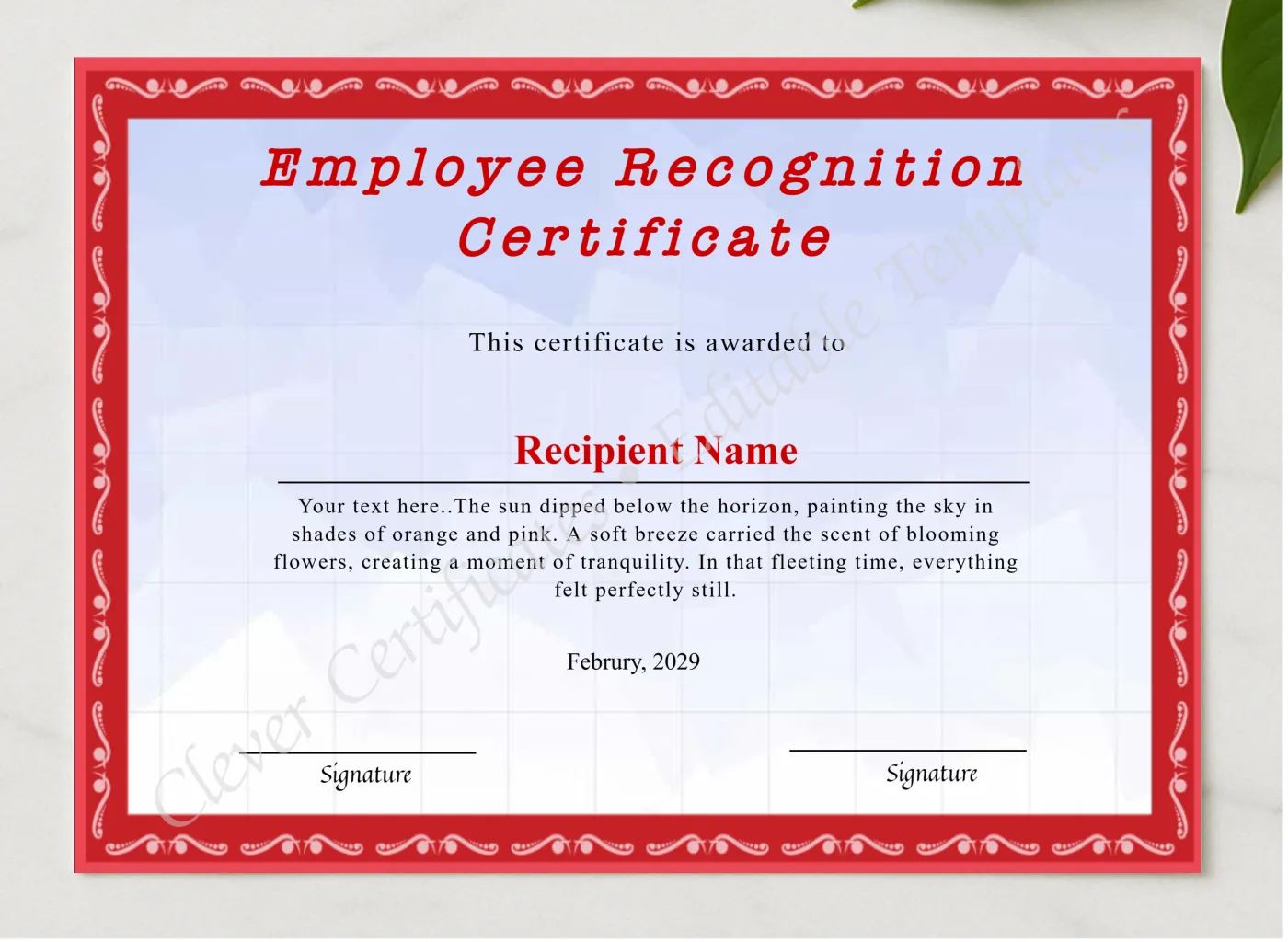Customizeable Employee Recognition Certificate presented in a sleek wooden frame, elegantly arranged on a stylish table.