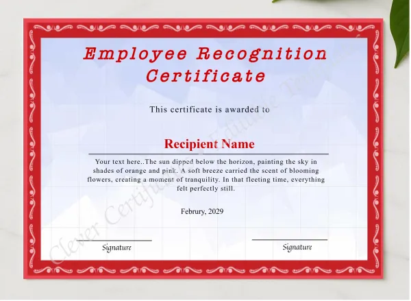 Customizeable Employee Recognition Certificate presented in a sleek wooden frame, elegantly arranged on a stylish table.