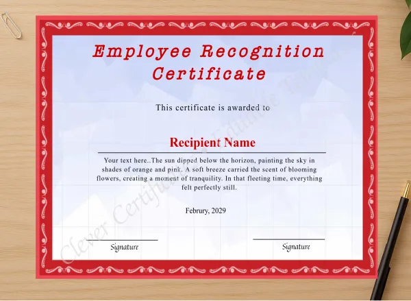 Professional preview of Customizeable Employee Recognition Certificate certificate on high-quality stationery paper, ideal for showcasing the final look.