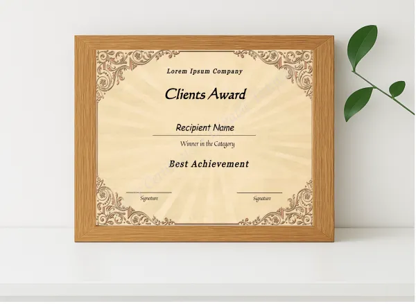 Realistic mockup featuring Editable Best Client Appreciation Award displayed within a modern frame, set against a minimalistic background.