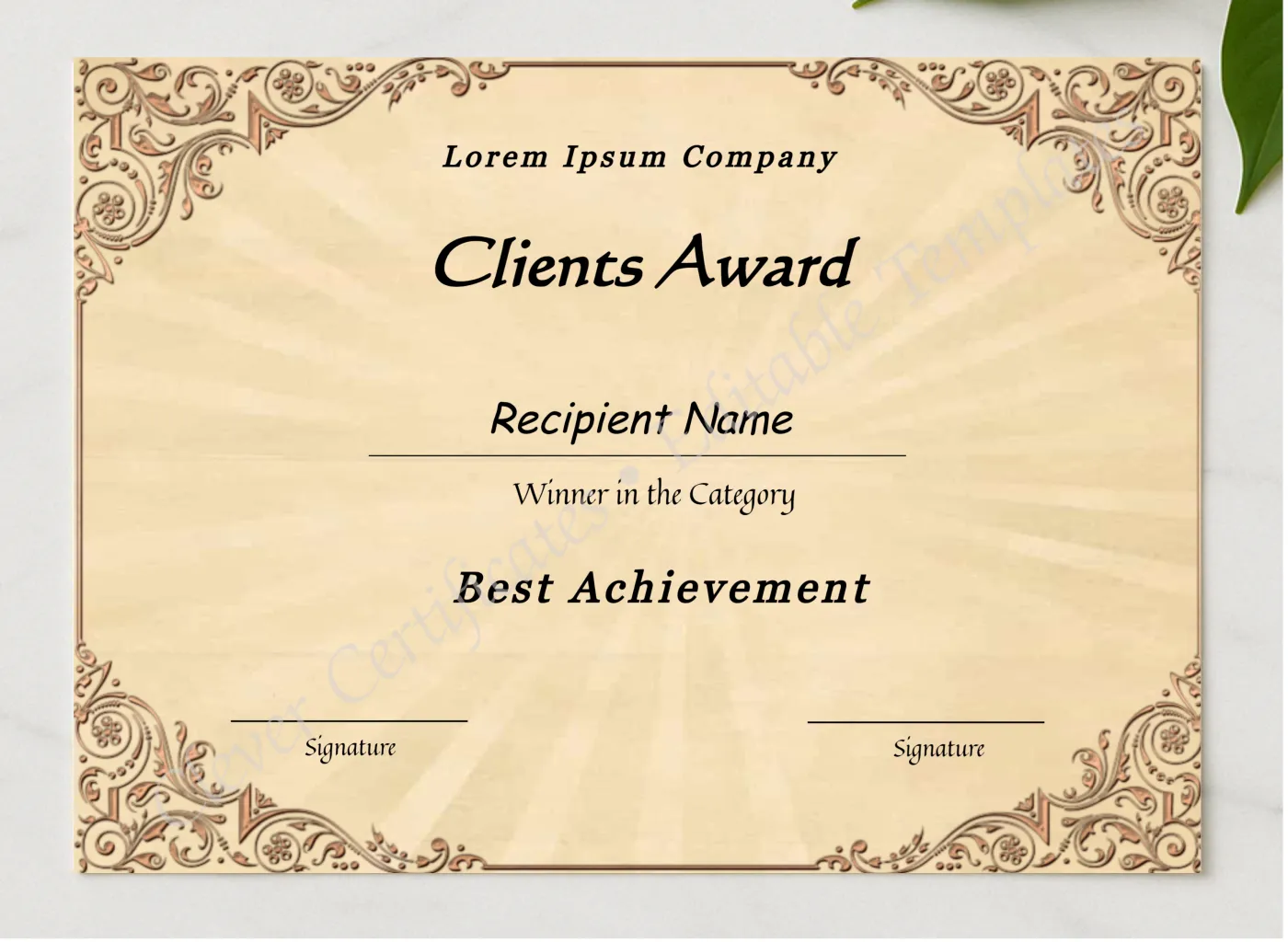 Editable Best Client Appreciation Award presented in a sleek wooden frame, elegantly arranged on a stylish table.