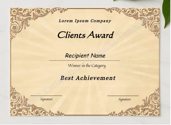 Editable Best Client Appreciation Award presented in a sleek wooden frame, elegantly arranged on a stylish table.
