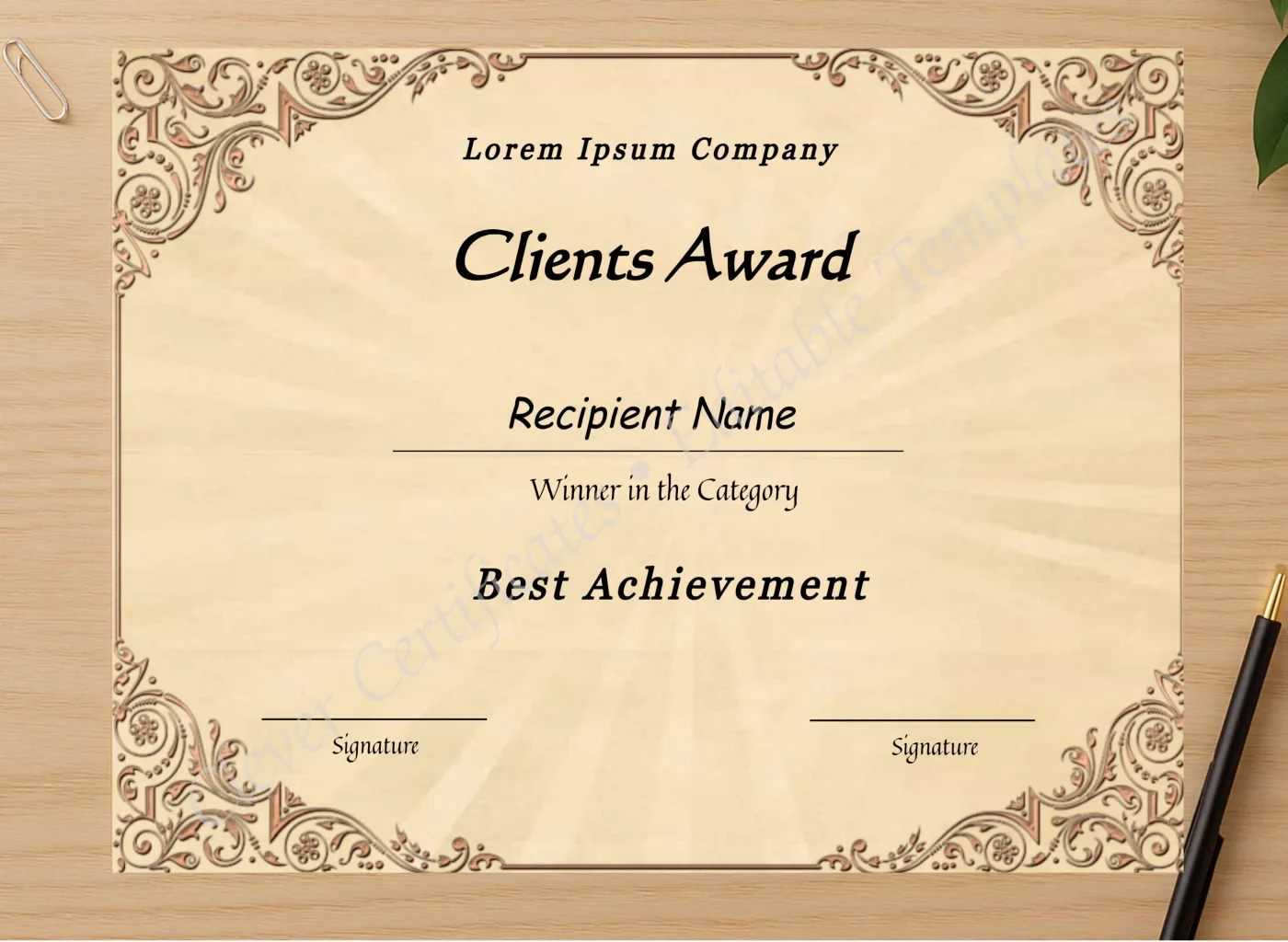Professional preview of Editable Best Client Appreciation Award certificate on high-quality stationery paper, ideal for showcasing the final look.