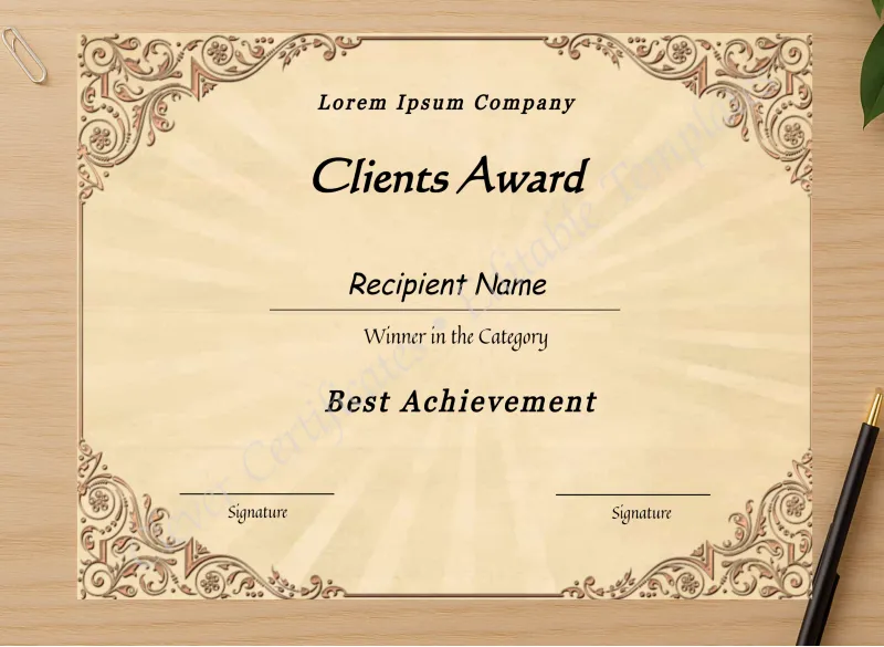 Professional preview of Editable Best Client Appreciation Award certificate on high-quality stationery paper, ideal for showcasing the final look.