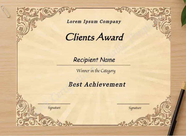 Professional preview of Editable Best Client Appreciation Award certificate on high-quality stationery paper, ideal for showcasing the final look.