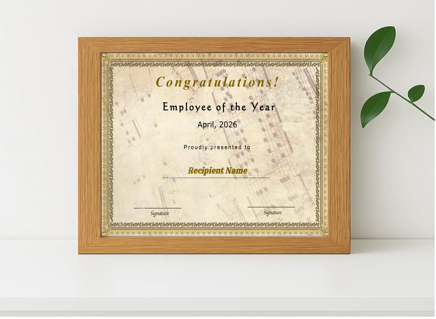 Realistic mockup featuring Printable Certificate Of Employee Of The Year displayed within a modern frame, set against a minimalistic background.