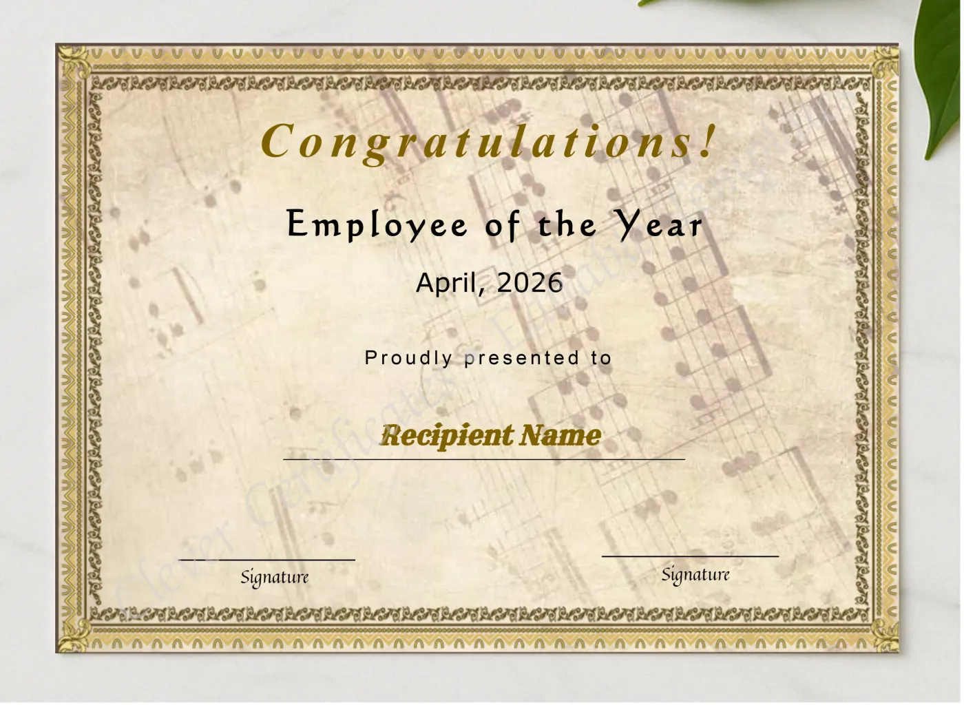 Printable Certificate Of Employee Of The Year presented in a sleek wooden frame, elegantly arranged on a stylish table.