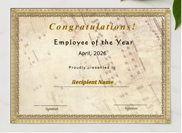 Printable Certificate Of Employee Of The Year presented in a sleek wooden frame, elegantly arranged on a stylish table.