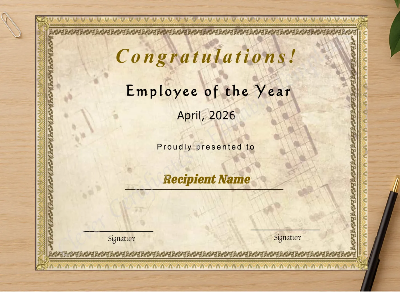 Professional preview of Printable Certificate Of Employee Of The Year certificate on high-quality stationery paper, ideal for showcasing the final look.