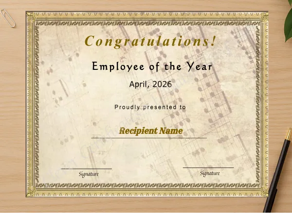 Professional preview of Printable Certificate Of Employee Of The Year certificate on high-quality stationery paper, ideal for showcasing the final look.