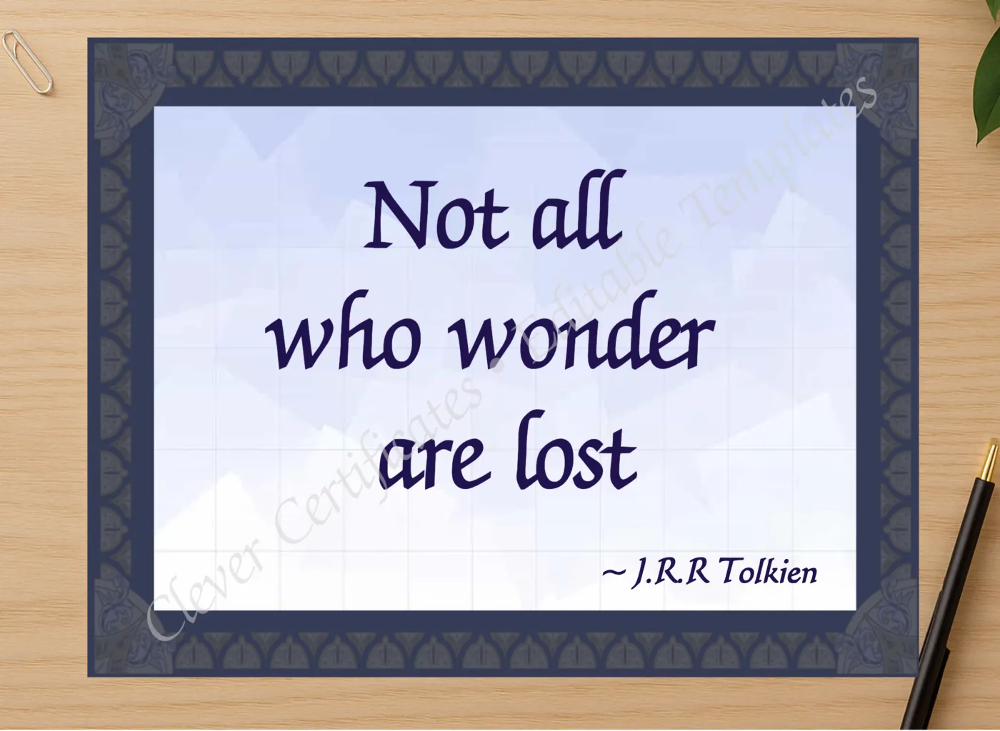 Professional preview of J R R Tolkien Quotation certificate on high-quality stationery paper, ideal for showcasing the final look.