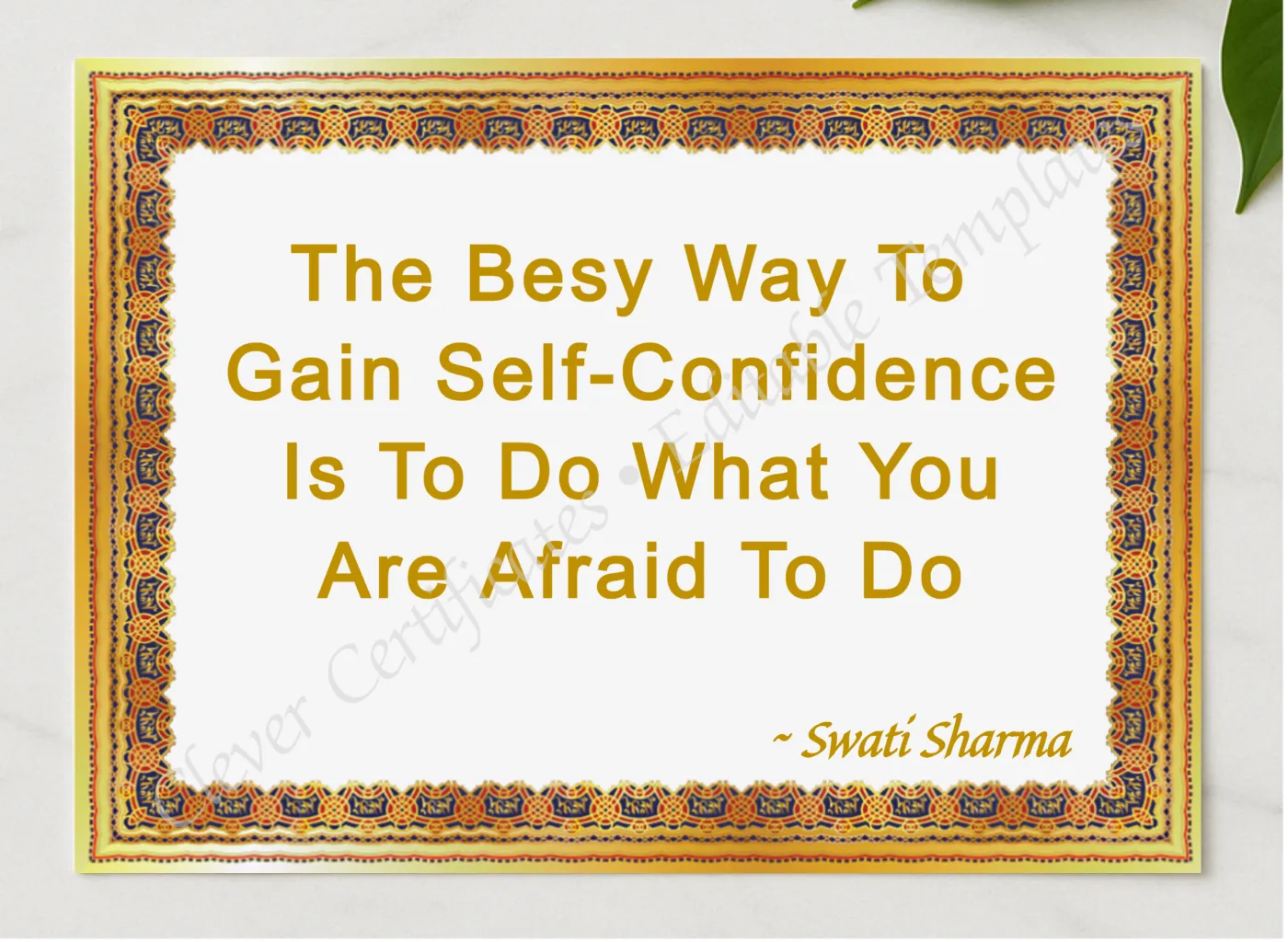 Swati Sharma Quotation presented in a sleek wooden frame, elegantly arranged on a stylish table.