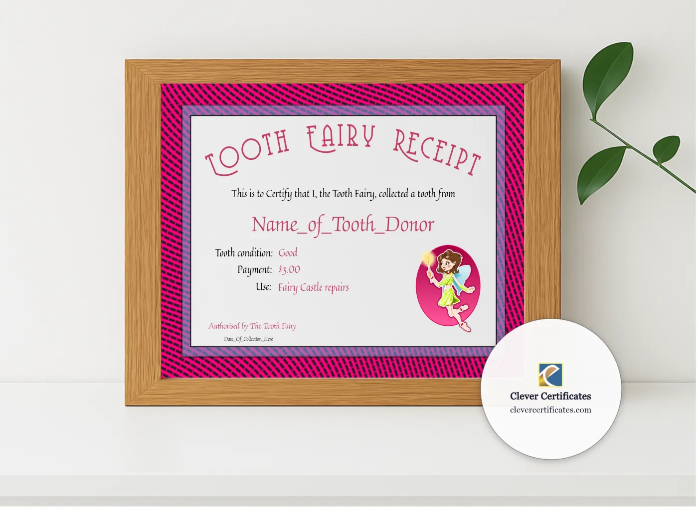 Realistic mockup featuring Tooth Fairy Receipt Certificate displayed within a modern frame, set against a minimalistic background.