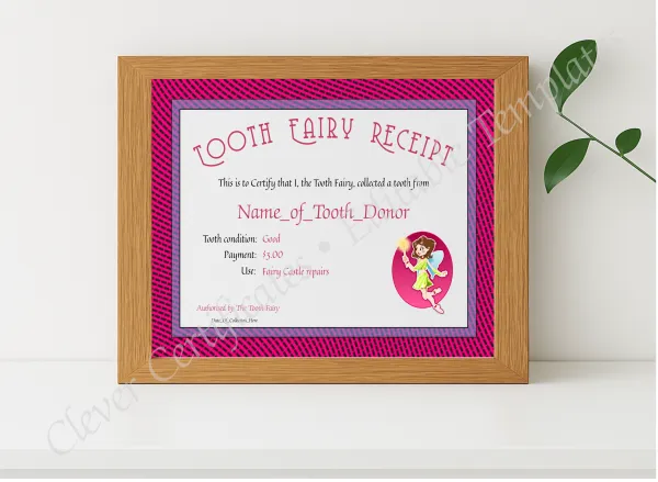 Realistic mockup featuring Tooth Fairy Receipt Certificate displayed within a modern frame, set against a minimalistic background.