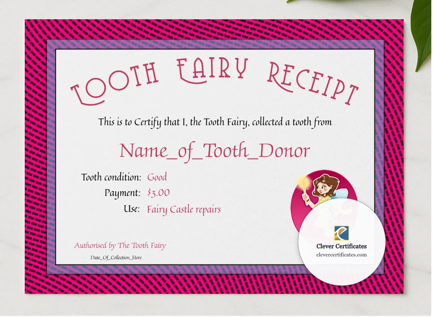 Tooth Fairy Receipt Certificate presented in a sleek wooden frame, elegantly arranged on a stylish table.