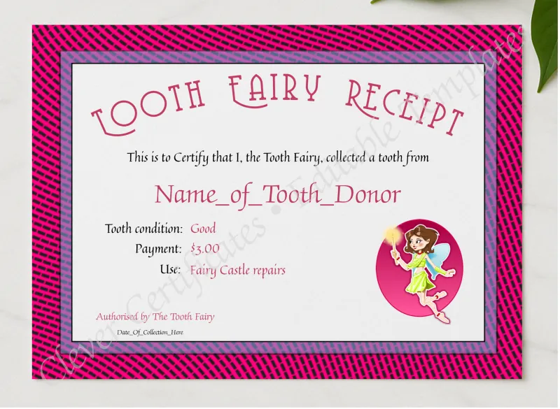 Tooth Fairy Receipt Certificate presented in a sleek wooden frame, elegantly arranged on a stylish table.
