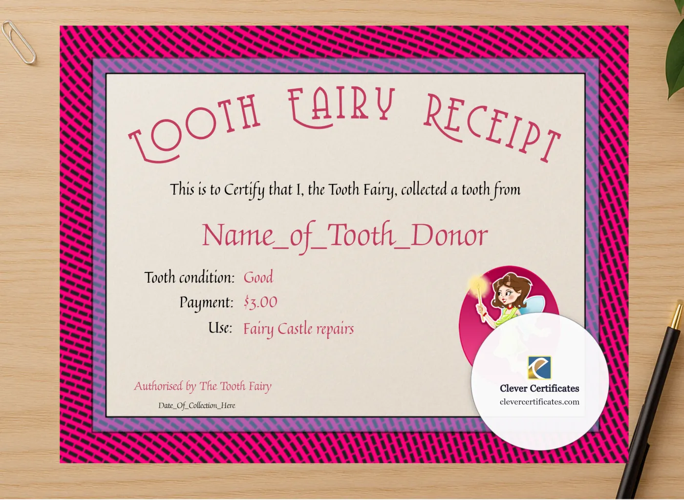Professional preview of Tooth Fairy Receipt Certificate certificate on high-quality stationery paper, ideal for showcasing the final look.