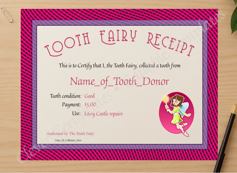Professional preview of Tooth Fairy Receipt Certificate certificate on high-quality stationery paper, ideal for showcasing the final look.