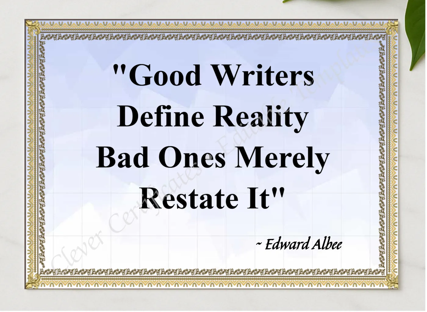 Edward Albee Quotation presented in a sleek wooden frame, elegantly arranged on a stylish table.
