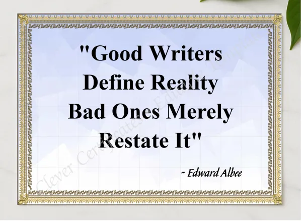 Edward Albee Quotation presented in a sleek wooden frame, elegantly arranged on a stylish table.