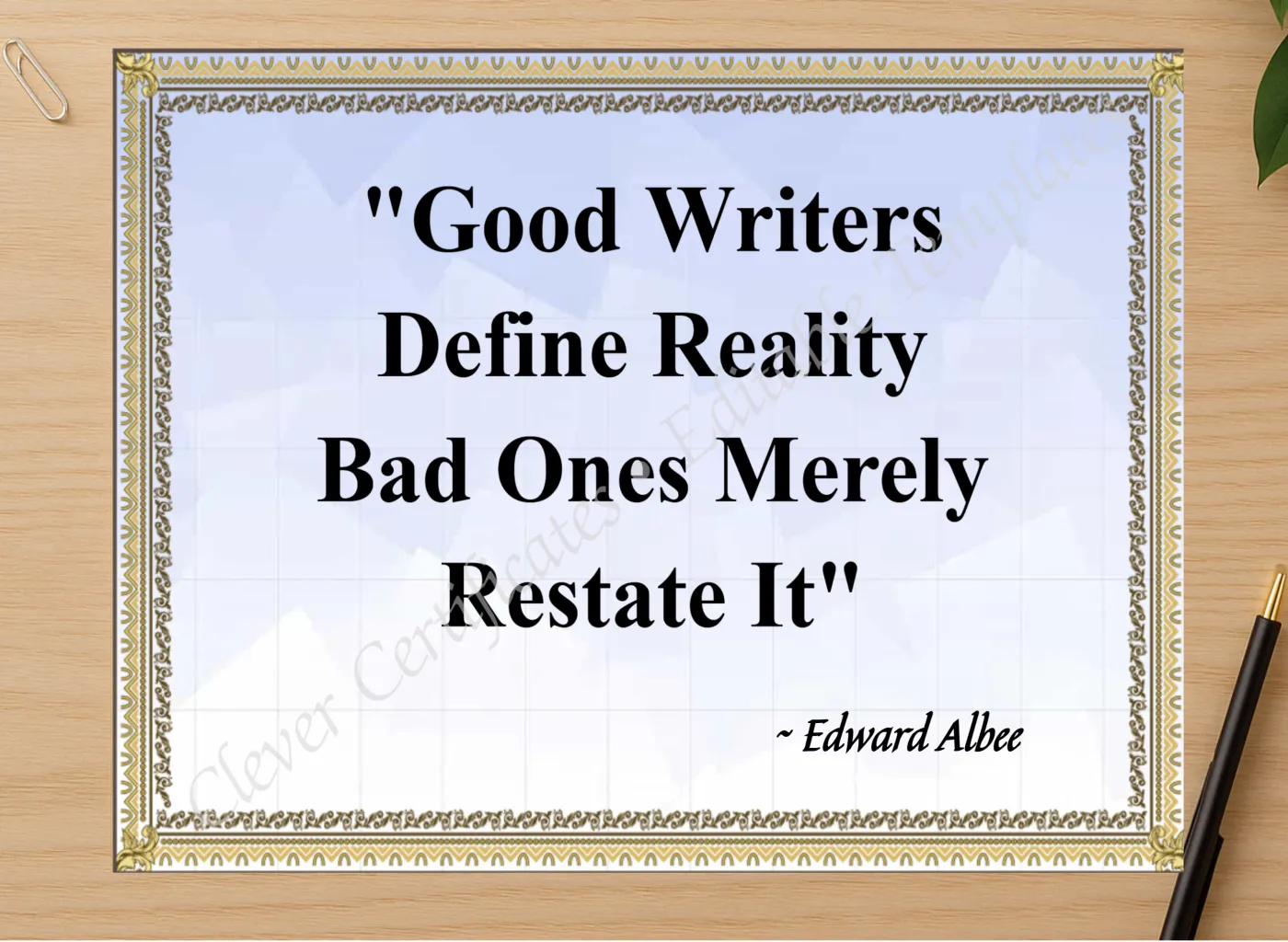 Professional preview of Edward Albee Quotation certificate on high-quality stationery paper, ideal for showcasing the final look.