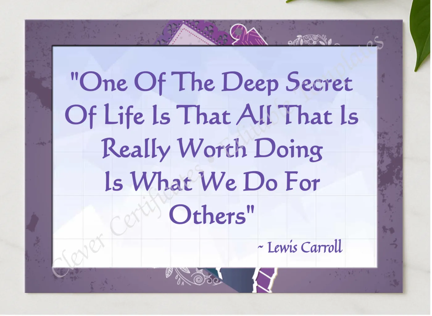 Lewis Carroll Quotation presented in a sleek wooden frame, elegantly arranged on a stylish table.