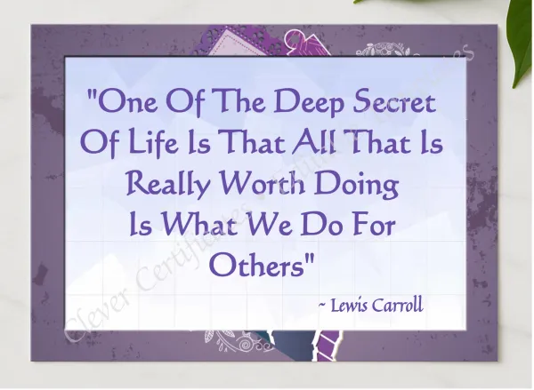 Lewis Carroll Quotation presented in a sleek wooden frame, elegantly arranged on a stylish table.