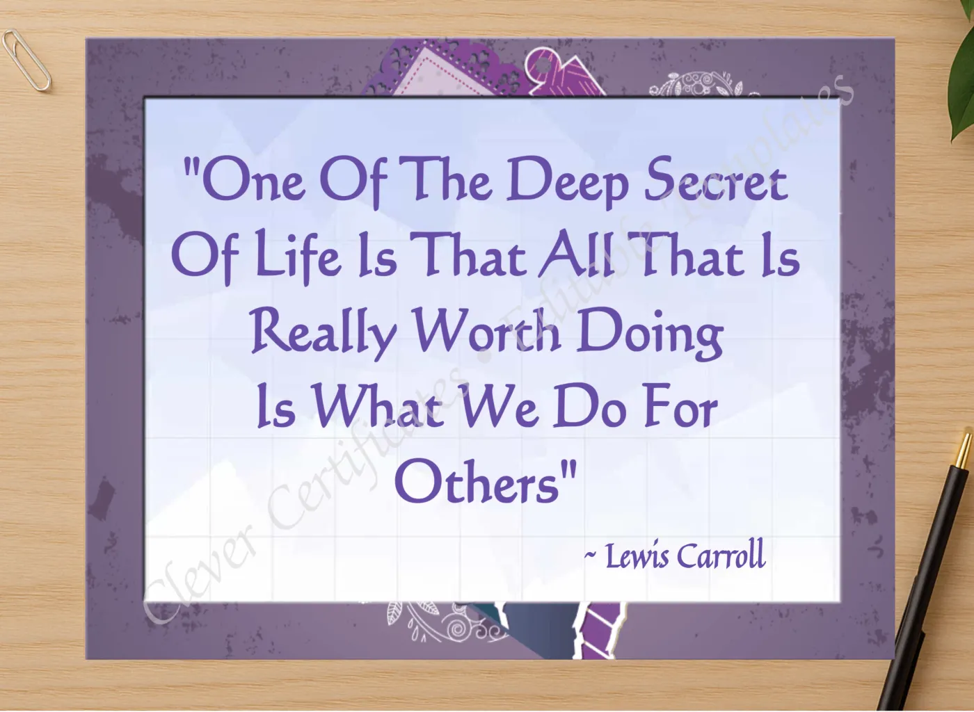 Professional preview of Lewis Carroll Quotation certificate on high-quality stationery paper, ideal for showcasing the final look.