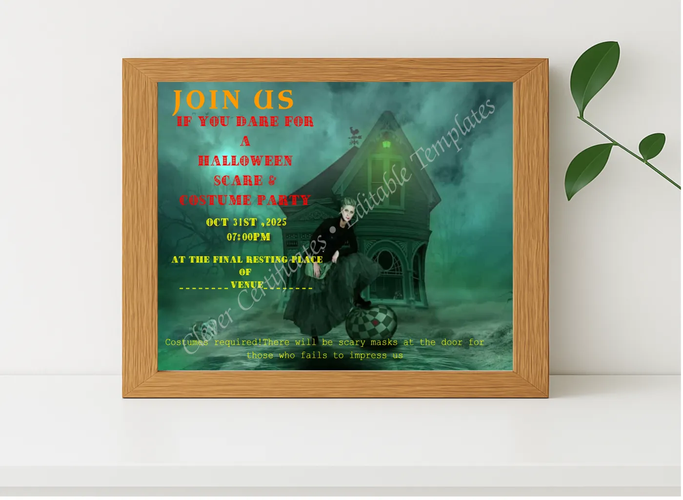 Realistic mockup featuring Editable Halloween Invitation Template displayed within a modern frame, set against a minimalistic background.