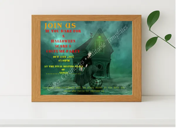 Realistic mockup featuring Editable Halloween Invitation Template displayed within a modern frame, set against a minimalistic background.