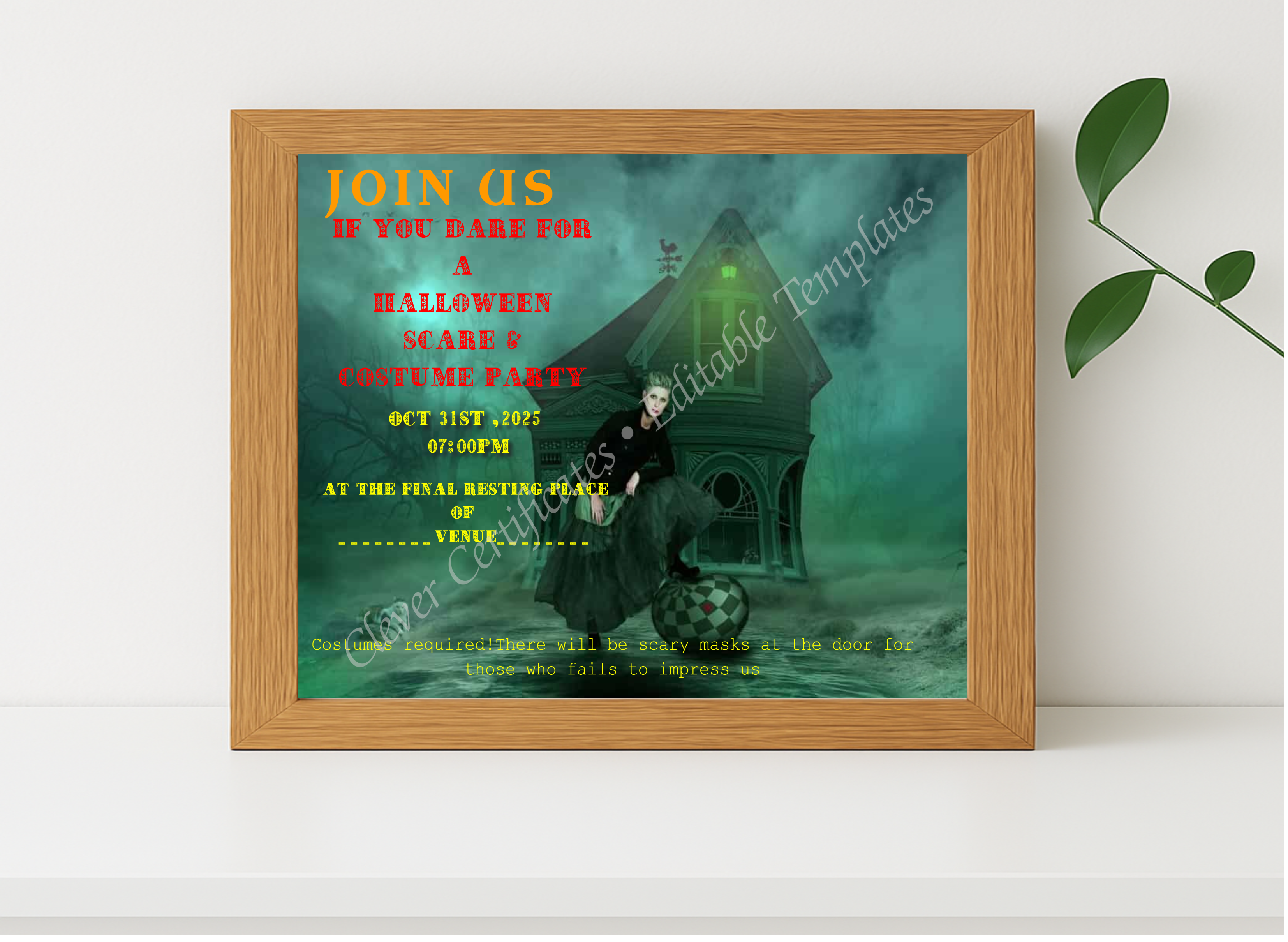 Realistic mockup featuring Editable Halloween Invitation Template displayed within a modern frame, set against a minimalistic background.