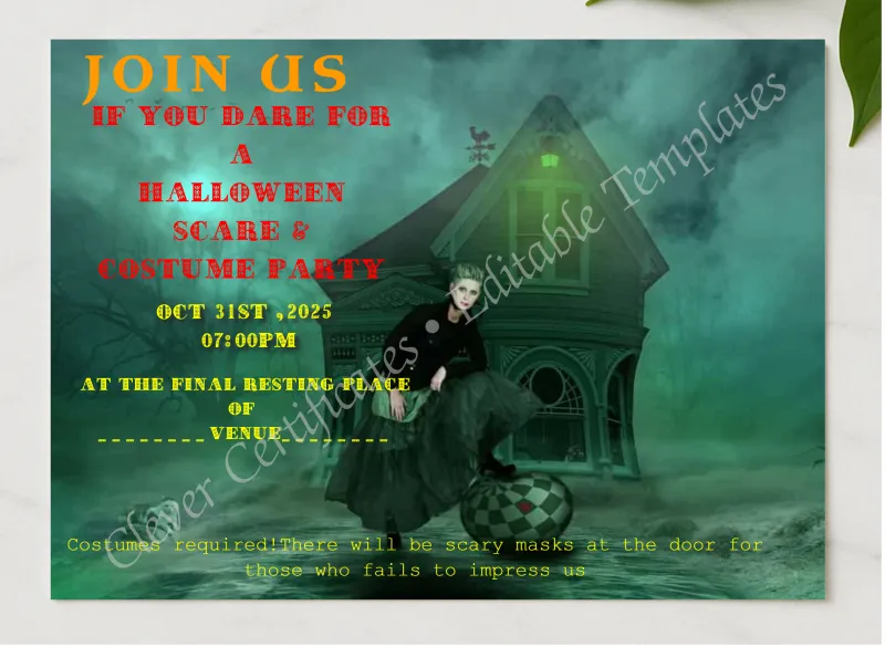 Editable Halloween Invitation Template presented in a sleek wooden frame, elegantly arranged on a stylish table.