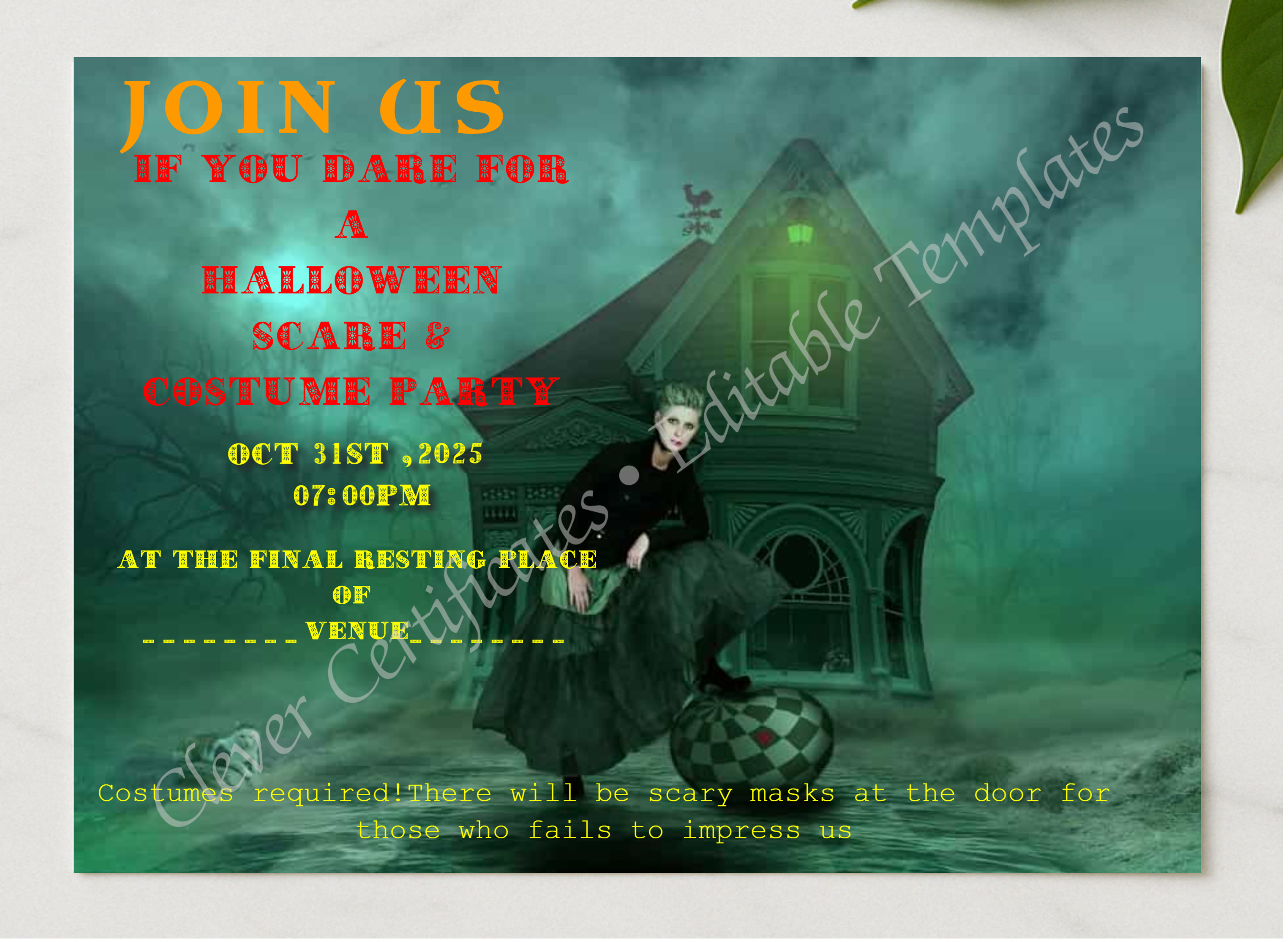 Editable Halloween Invitation Template presented in a sleek wooden frame, elegantly arranged on a stylish table.