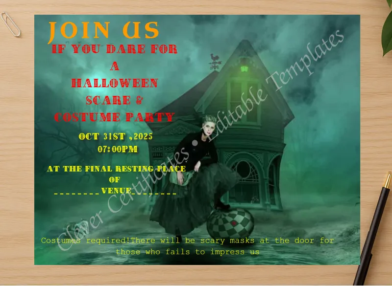 Professional preview of Editable Halloween Invitation Template certificate on high-quality stationery paper, ideal for showcasing the final look.