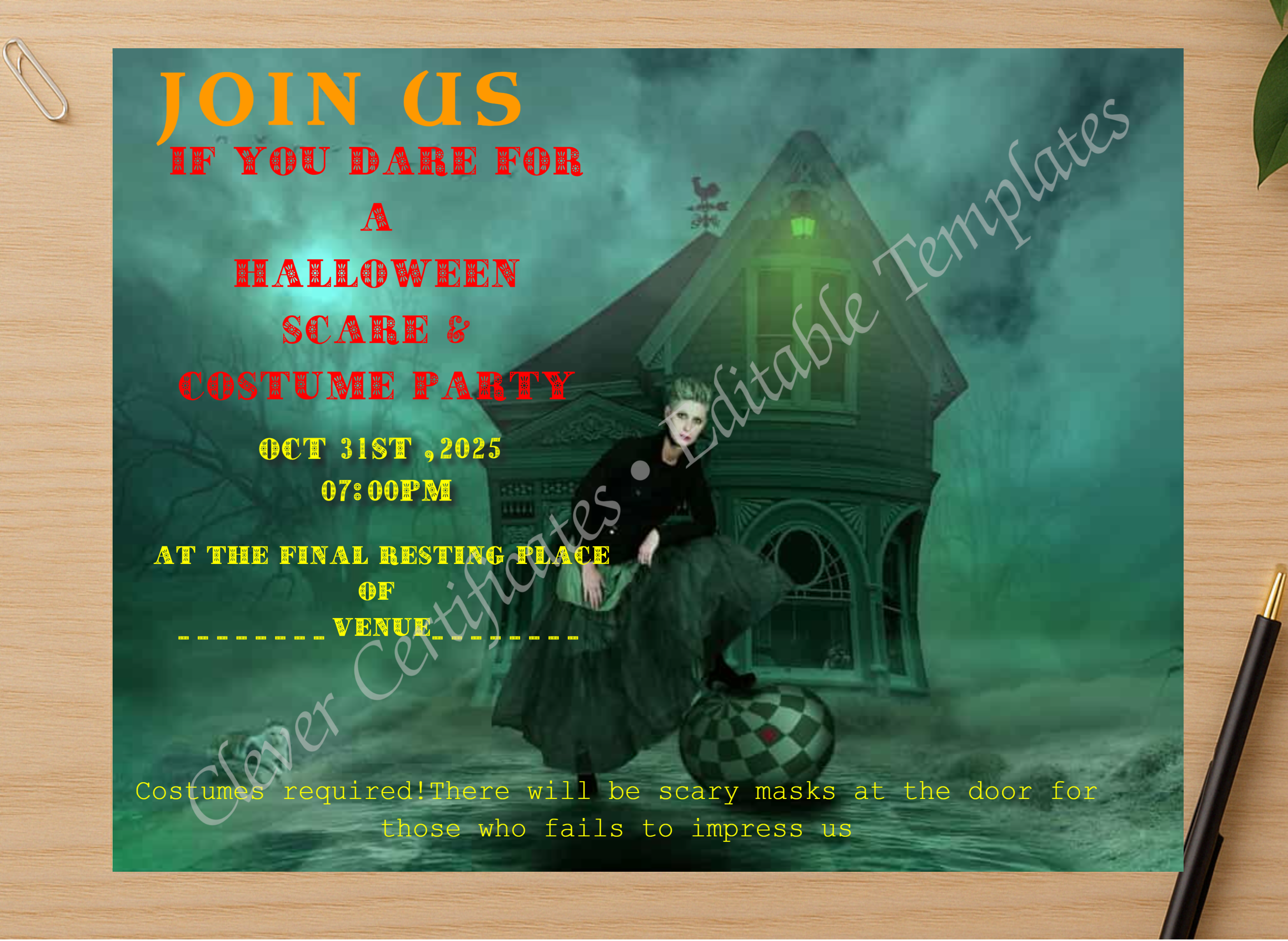 Professional preview of Editable Halloween Invitation Template certificate on high-quality stationery paper, ideal for showcasing the final look.