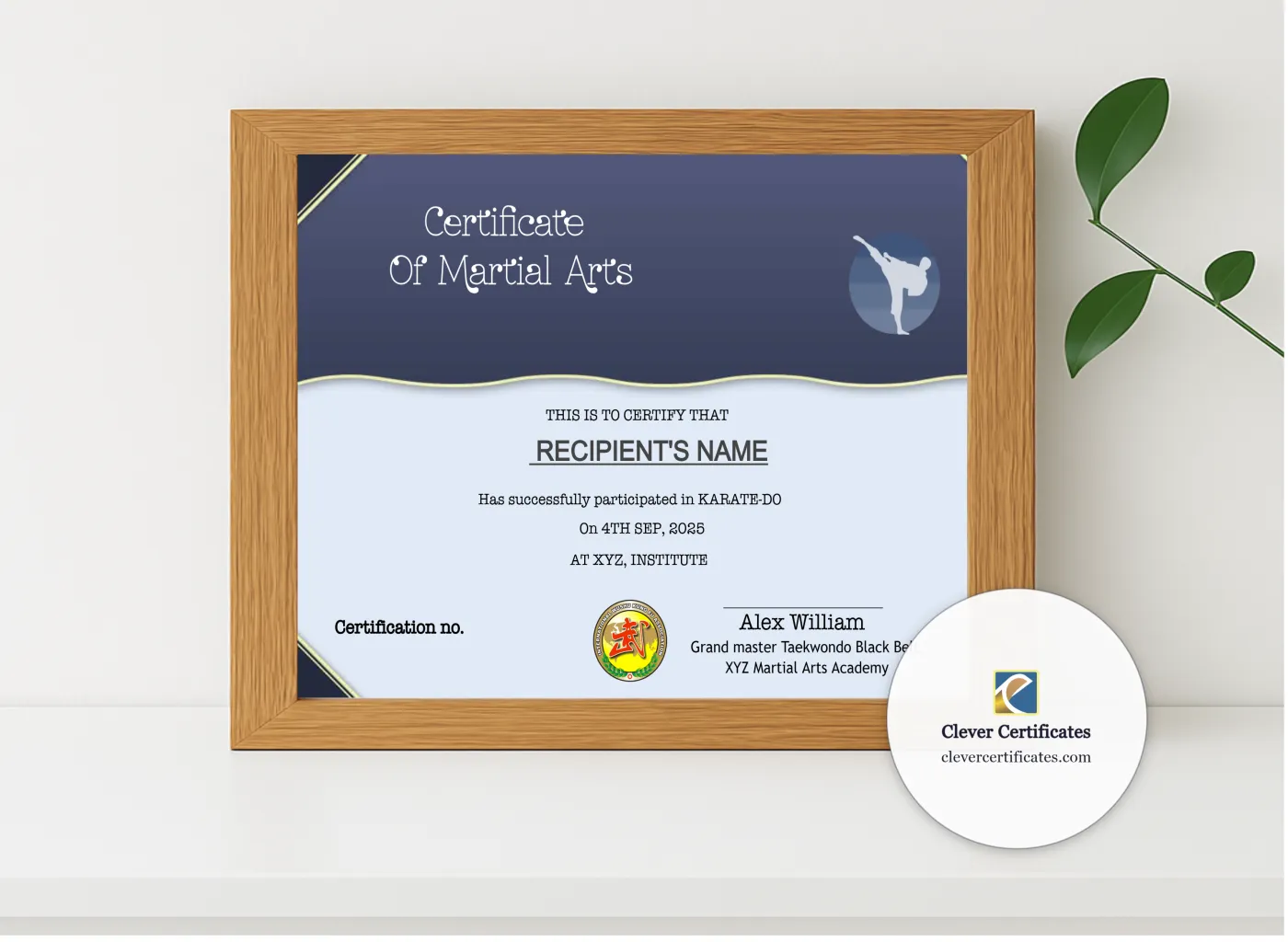 Realistic mockup featuring Editable Martial Arts Certificate Template displayed within a modern frame, set against a minimalistic background.