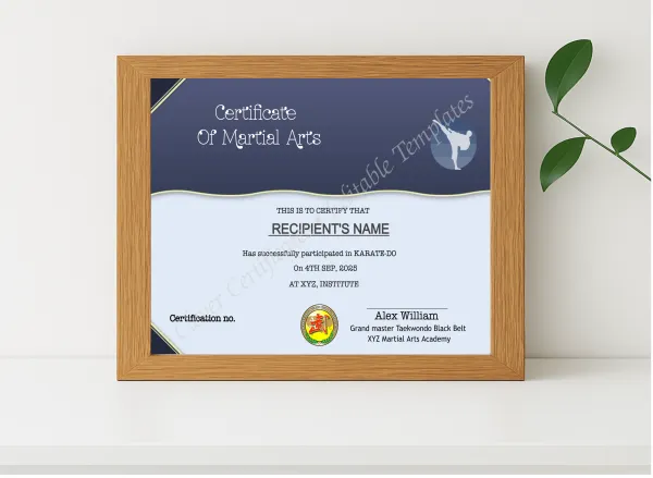 Realistic mockup featuring Editable Martial Arts Certificate Template displayed within a modern frame, set against a minimalistic background.