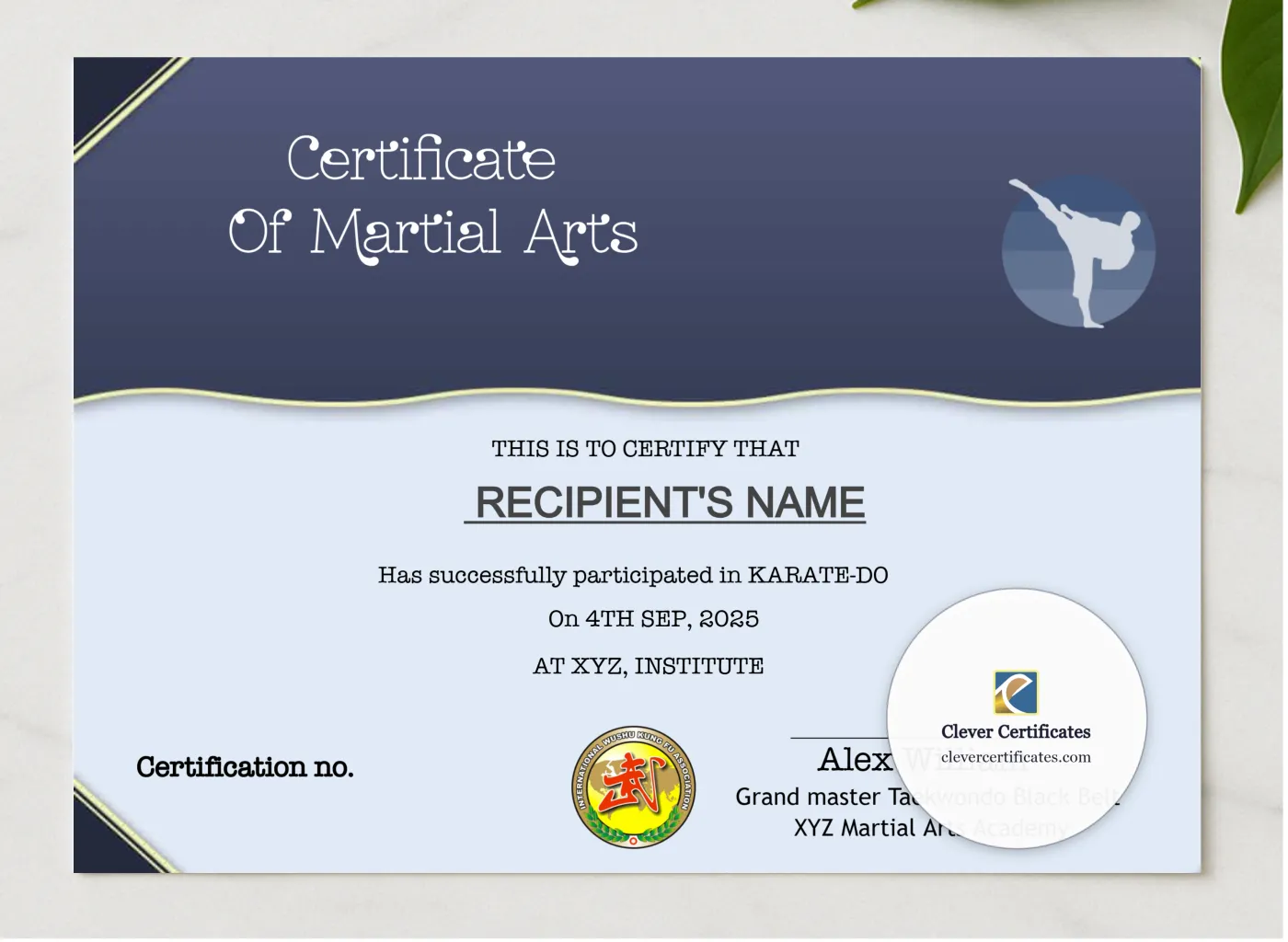 Editable Martial Arts Certificate Template presented in a sleek wooden frame, elegantly arranged on a stylish table.