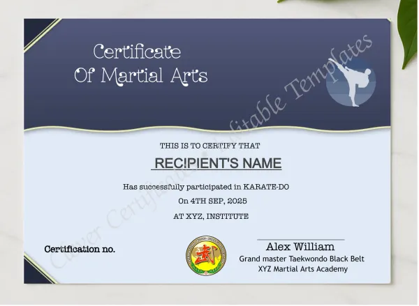 Editable Martial Arts Certificate Template presented in a sleek wooden frame, elegantly arranged on a stylish table.