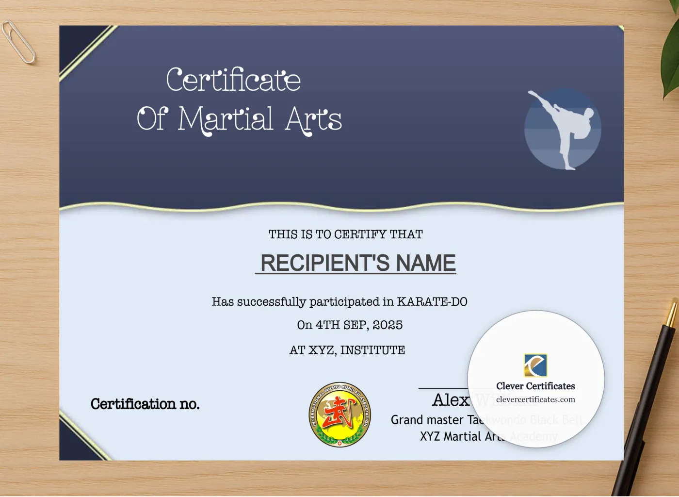 Professional preview of Editable Martial Arts Certificate Template certificate on high-quality stationery paper, ideal for showcasing the final look.