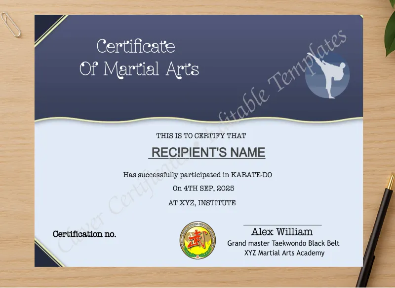 Professional preview of Editable Martial Arts Certificate Template certificate on high-quality stationery paper, ideal for showcasing the final look.