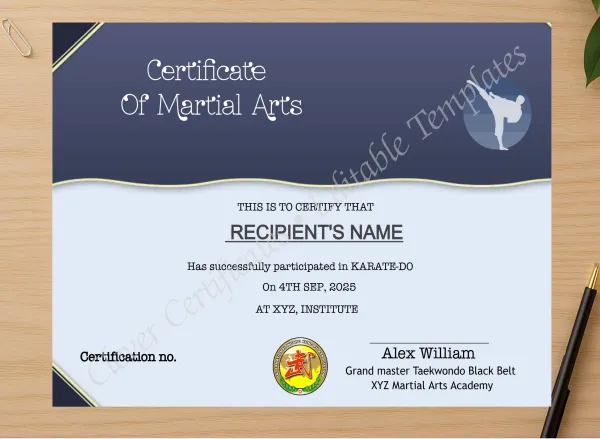 Professional preview of Editable Martial Arts Certificate Template certificate on high-quality stationery paper, ideal for showcasing the final look.
