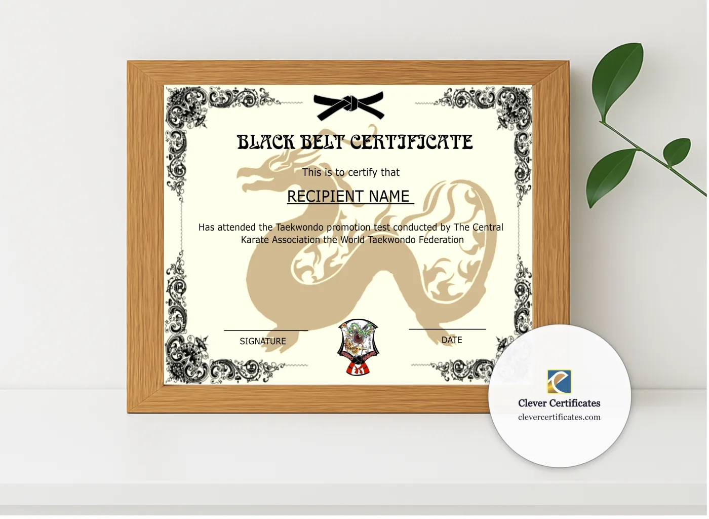 Realistic mockup featuring Printable Martial Arts Certificate displayed within a modern frame, set against a minimalistic background.