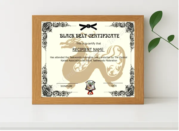 Realistic mockup featuring Printable Martial Arts Certificate displayed within a modern frame, set against a minimalistic background.