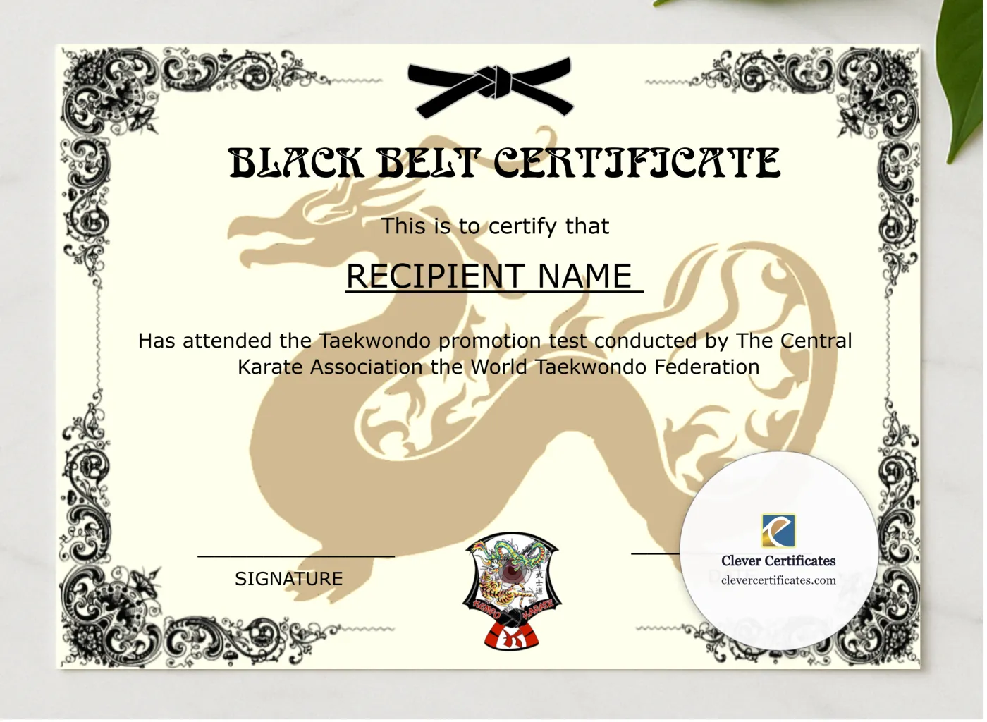Printable Martial Arts Certificate presented in a sleek wooden frame, elegantly arranged on a stylish table.
