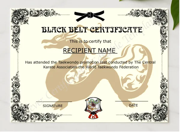 Printable Martial Arts Certificate presented in a sleek wooden frame, elegantly arranged on a stylish table.
